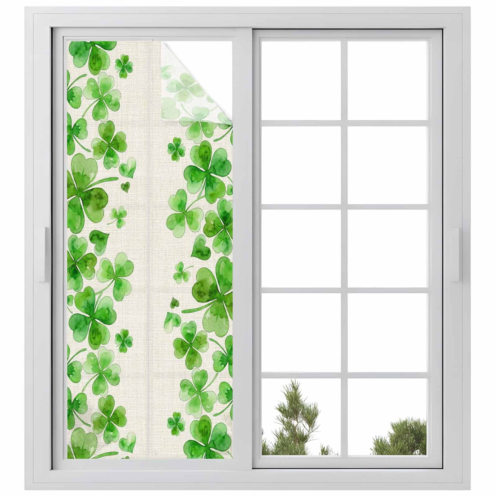 St. Patrick's Day Window Privacy Film, Watercolor Lucky Clovers Green Rustic Static Cling UV Sun Blocking Tint Film Heat Control Windows Films for Bedroom Bathroom, Window Stickers 23.6"x59"