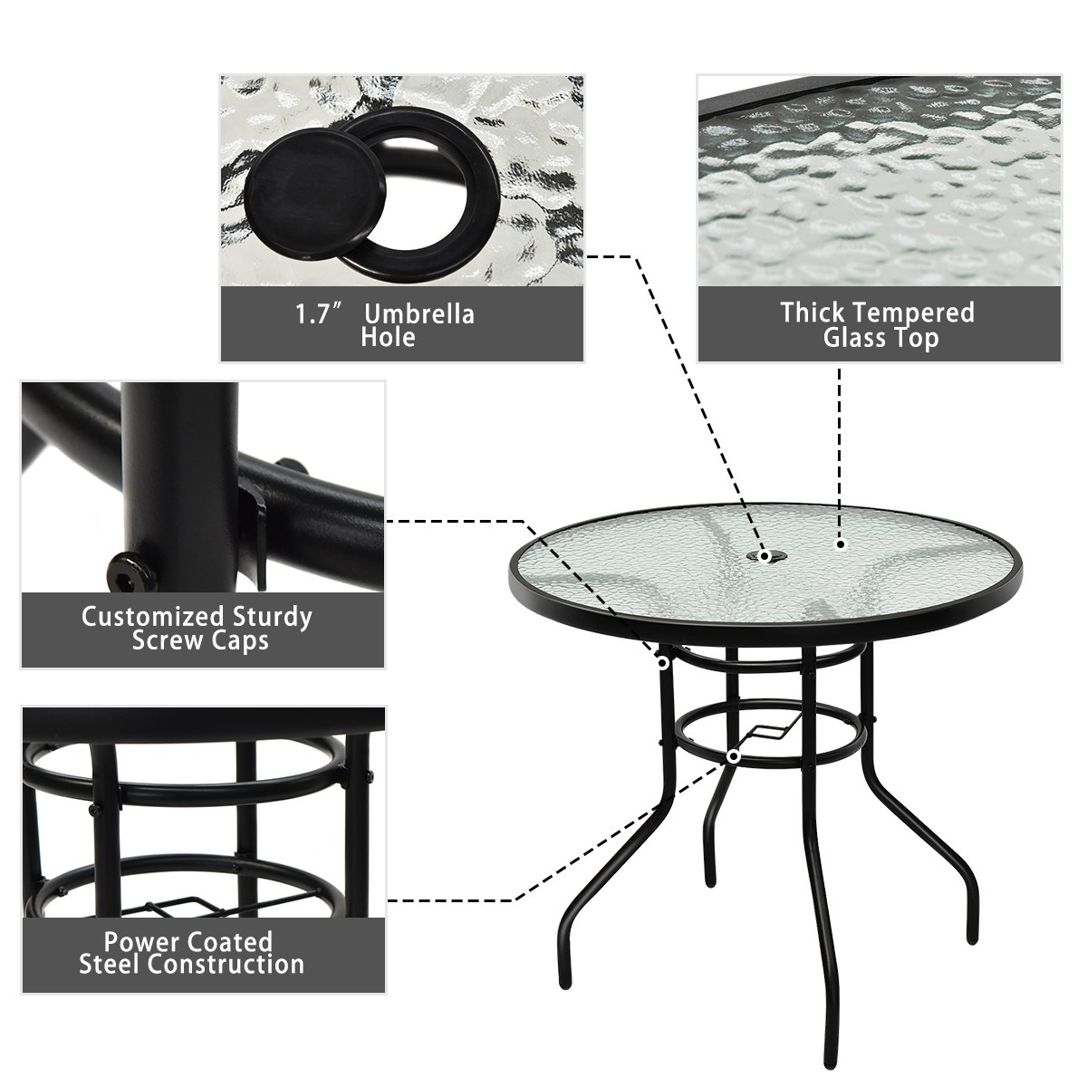 Goorabbit Outdoor Glass Table 32" Outdoor Bistro Table Patio Dining Table Round Side Table Coffee Table Furniture with Umbrella Hole, Metal Frame Water Ripple Glass Top(Black) - image 4 of 8