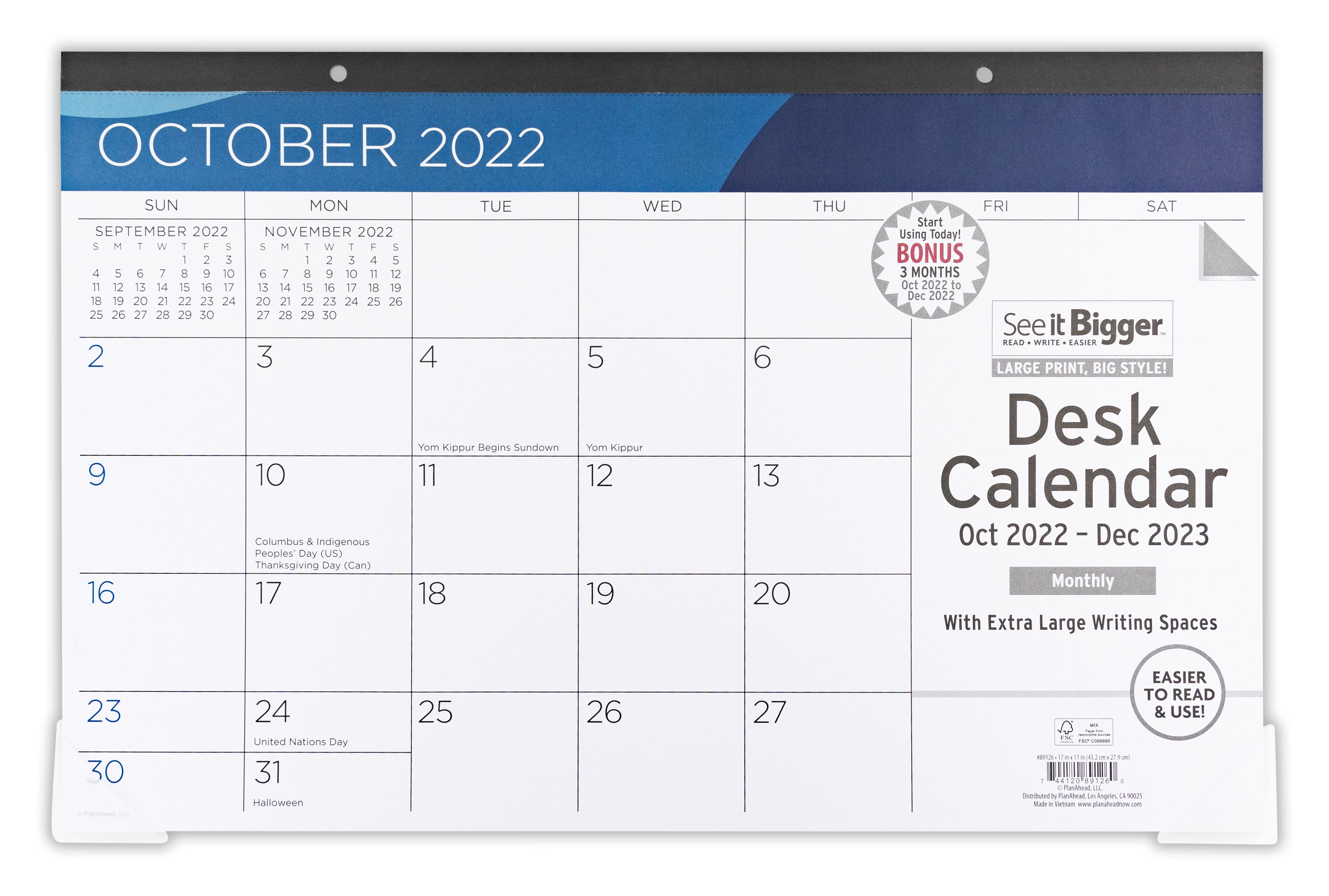 See It Bigger Monthly Desk Pad Calendar, Oct 2022 - Dec 2023 (11" x 17") Blue