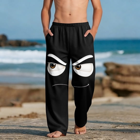 Qunyiney Wide Leg Boys' Pants Graphic Funny Pants Elastic Waist Beach with Pockets Relaxed Fit Pants Size 4