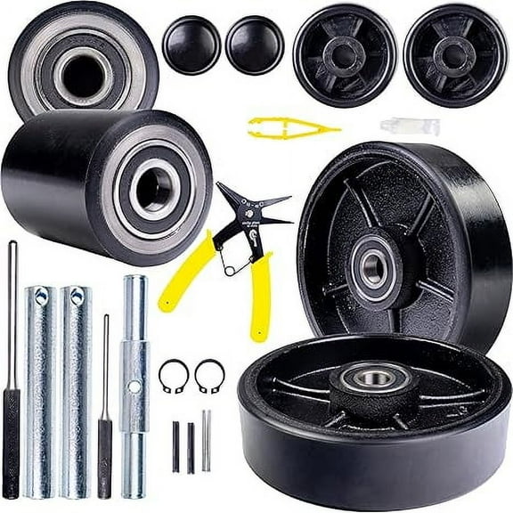 Pallet Jack/Truck Full Set Black, Steering Wheels 7"x 2" Pair, Front Load Roller 3" x 3.75" Pair with Bearings ID 20mm Poly Tread Black with Installment Tool Kit Included