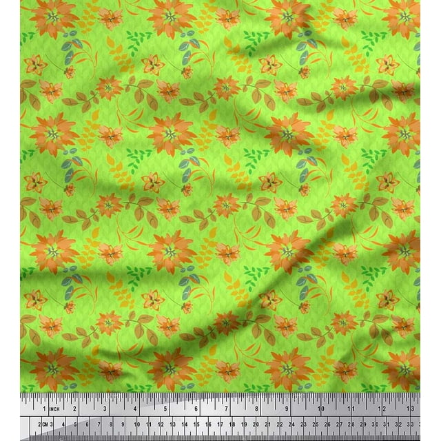 Soimoi Poly Georgette Fabric Leaves & Aster Floral Printed Fabric 1 Yard 52 Inch Wide