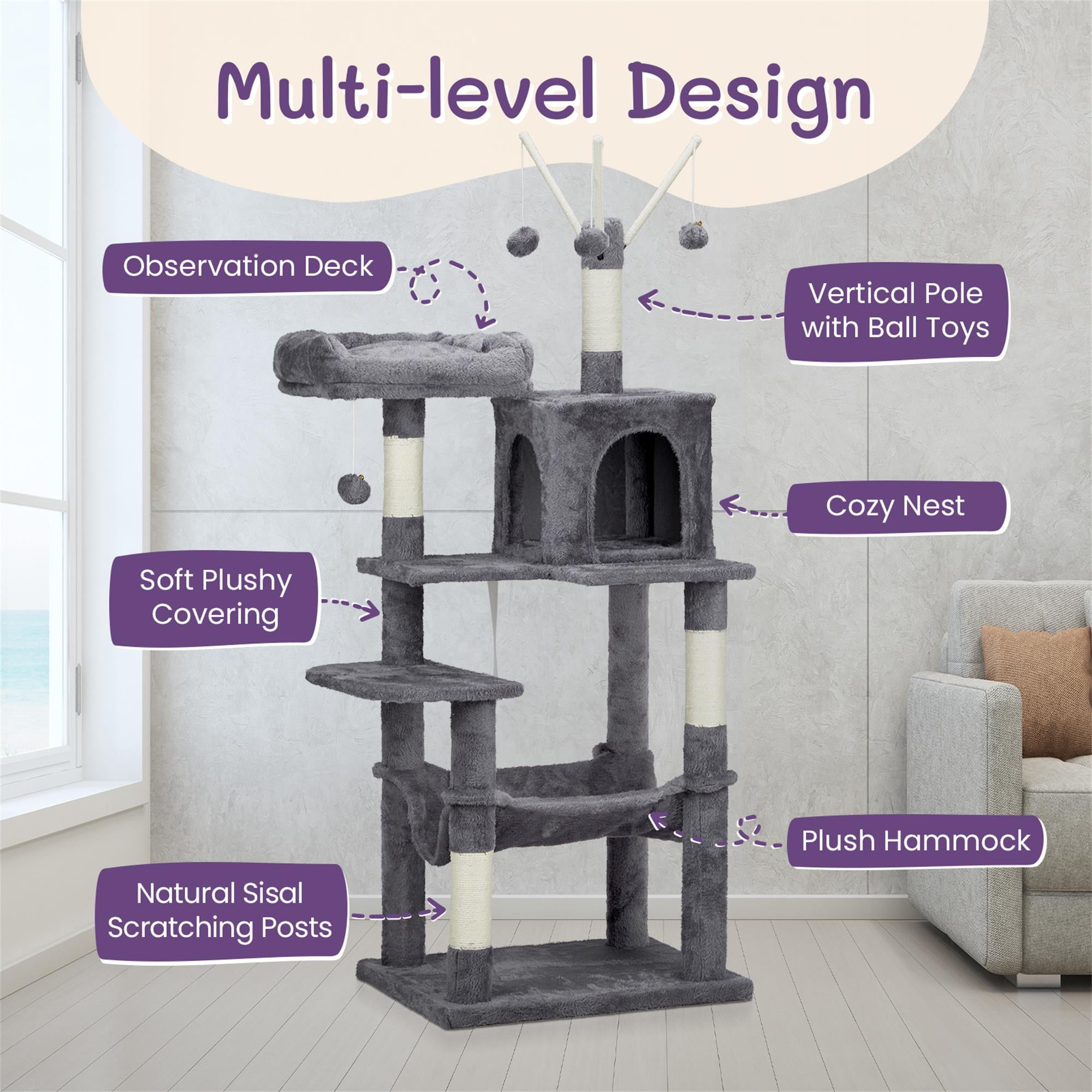Kadyn 58" Cat Tree Tower for Indoor Cats, Cat House with Padded Platform Bed, Toy Balls, Large Cozy Condo, Hammocks and Sisal Scratching Posts, Dark Gray