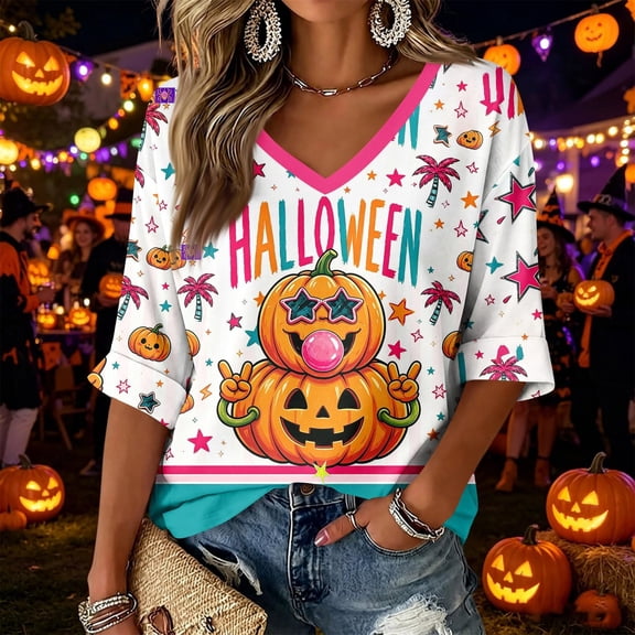 Women Halloween Shirt 2026 Oversized Cute Funny Plus Size 3/4 Sleeve Skeleton Printed Graphic