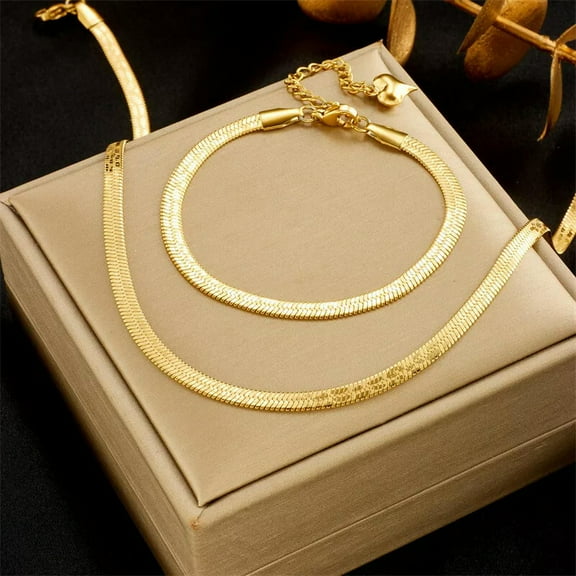 GKNET Womens Delicate Jewelry Set 18K Gold Plated Stainless Steel Flat Bracelet Chain Necklace