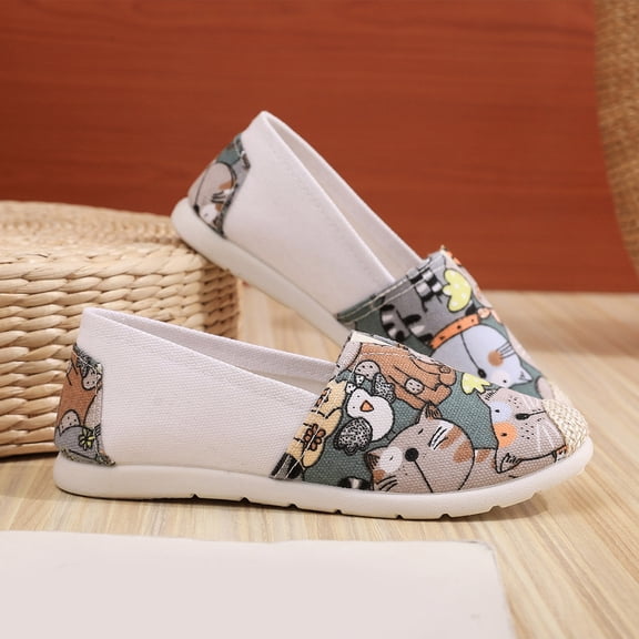 ZTTD Fashion Four Seasons Women Casual Shoes Flat Bottom Round Toe Shallow Mouth Lightweight Cartoon Painted Cat Pattern