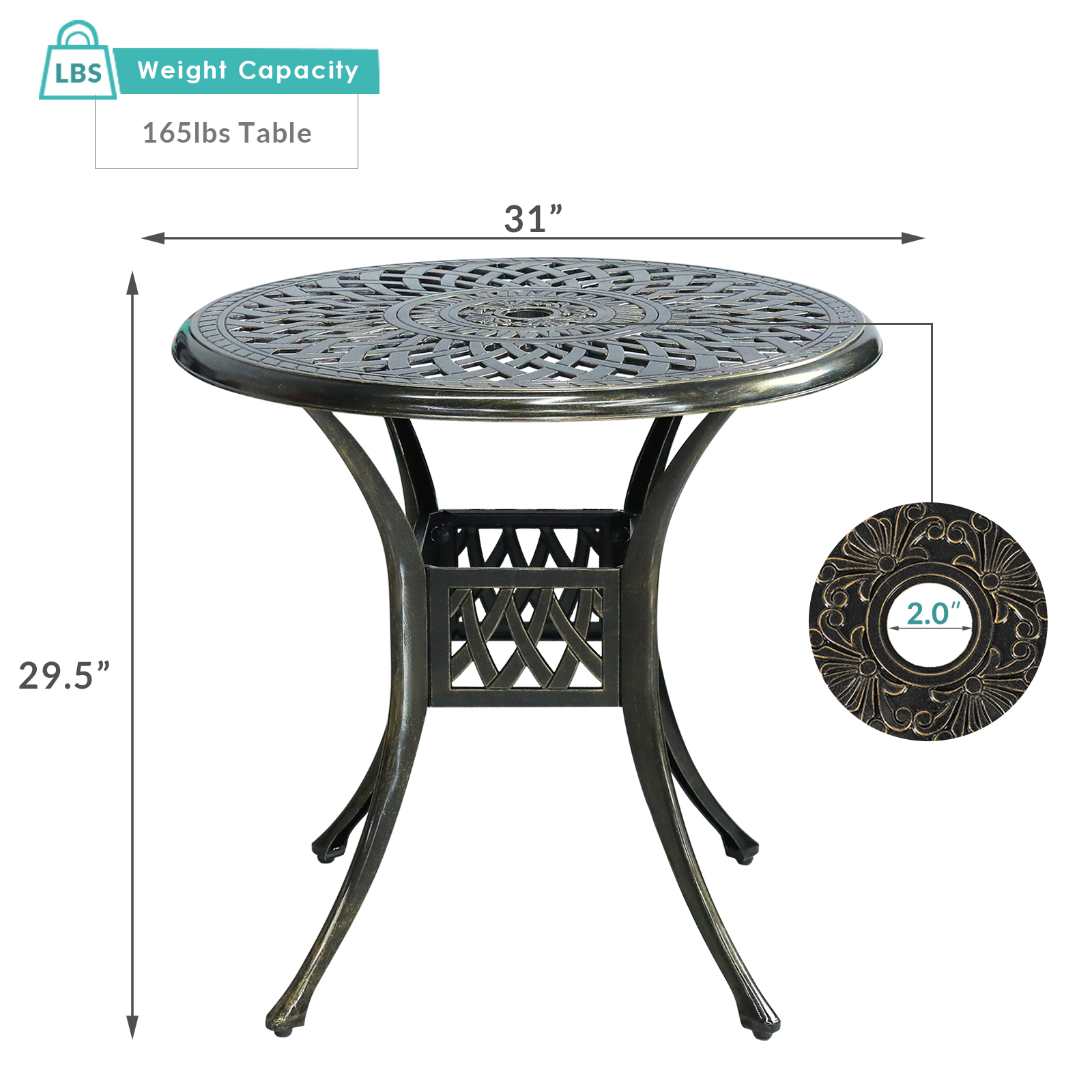 MEETWARM 31" Round Patio Bistro Table, Outdoor Cast Aluminum Small Dinning Table with 2" Umbrella Hole, Dark Bronze - image 5 of 7