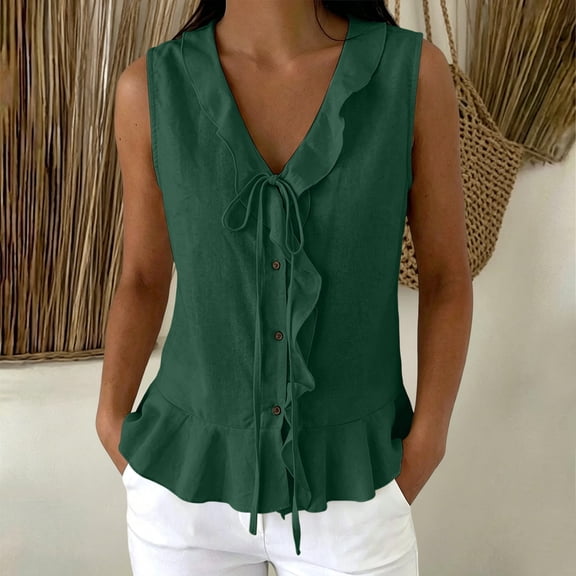 ClodeEU Women's Sleeveless V Neck Tie Button Top with Ruffle Trim, Solid Color Casual Summer Blouse Army Green,Women's Plus L
