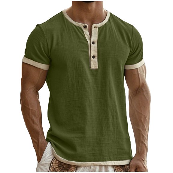 GUZOM Mens Army Green Henley Shirt Short Sleeve | Linen Cotton Blend Slim Fit Casual Button Down Top,Size XL