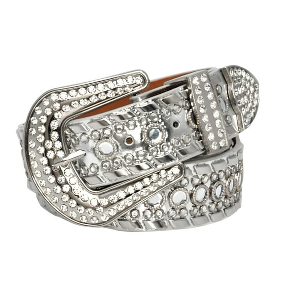 TELOLY Women Bling Leather Belts for Jeans Pants with Fashion Silver Buckle Silver Belt for Woman