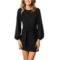 thumbnail image 1 of PRETTYGARDEN Robe Courte Élégante pour Femme à Manches Longues Lanterne, Col Ras du Cou, Taille à Nouer, Robe de Cocktail en Tricot (Noir, Grand), 1 of 4