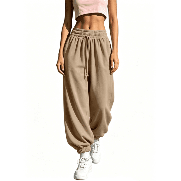 Atkumj Wide Leg Sweatpants Women Casual Elastic Waist and Elastic Rib Ankle Cuffs Long Joggers Pants with Side Pockets Plain Solid Color Wide Leg Pants Woman for Outdoor Sports S