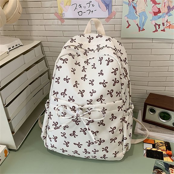 Cute Bow Backpack for Women Coquette Cute Nylon Backpack Kawaii Aesthetic Schoolbag Rucksack with Bow,Coffee