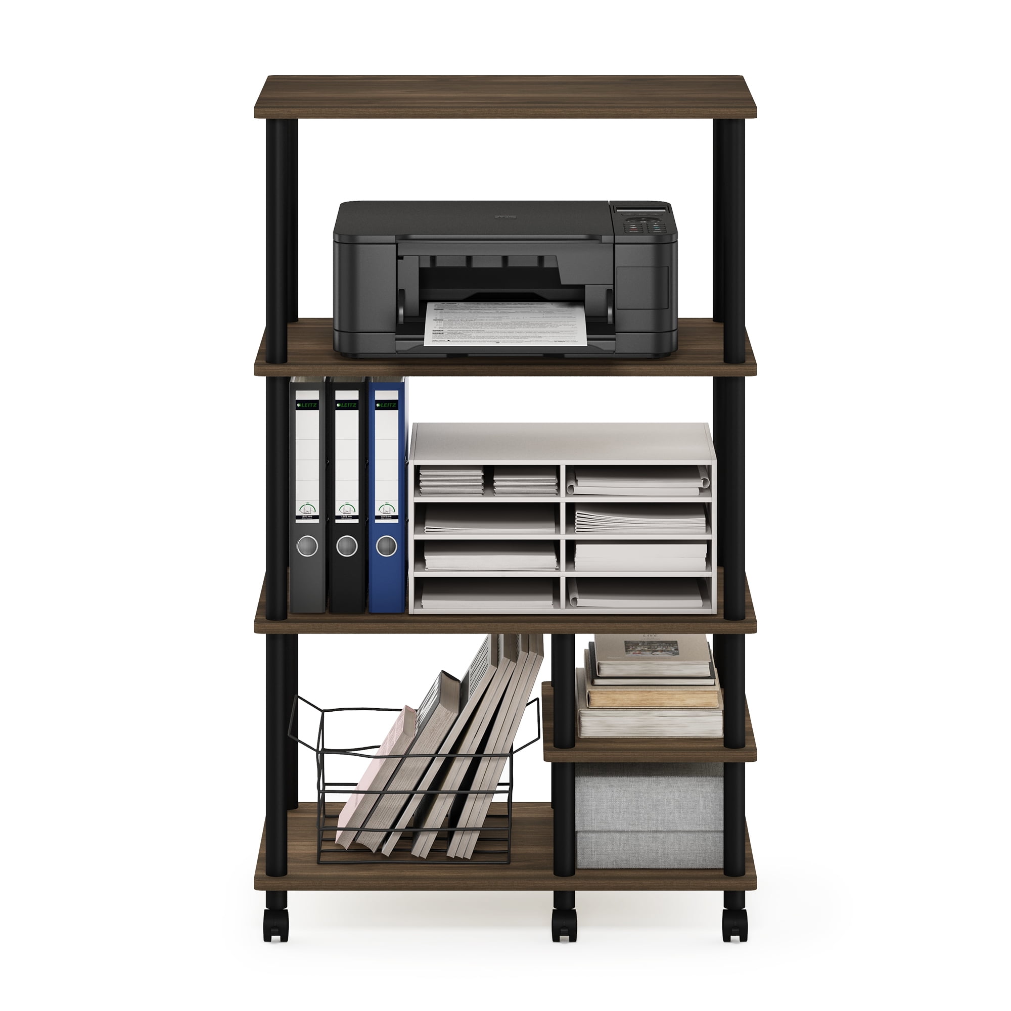 Furinno Turn-N-Tube 4-Tier Toolless Multipurpose Printer Stand Display Storage Shelf with Wheels, Columbia Walnut/Black