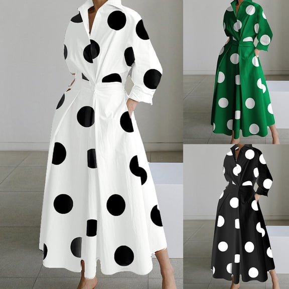 YHAJDS Women's Casual Dress,Maxi Dress Women's Dresses Casual Dress Print Lapel Waist Fitted Long Sleeve Dress Elegant Flowy Comfortable Fabric Suitable for Fall Winter