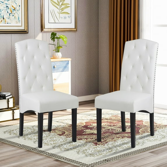 Dining PU Chair Classic Upholstered Accent Dining Chair with Solid Wood Legs, Set of 2(White)