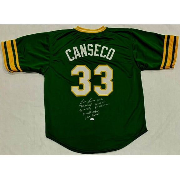 Jose Canseco Signed Autographed Green Jersey FSG Authenticated 7 Inscriptions