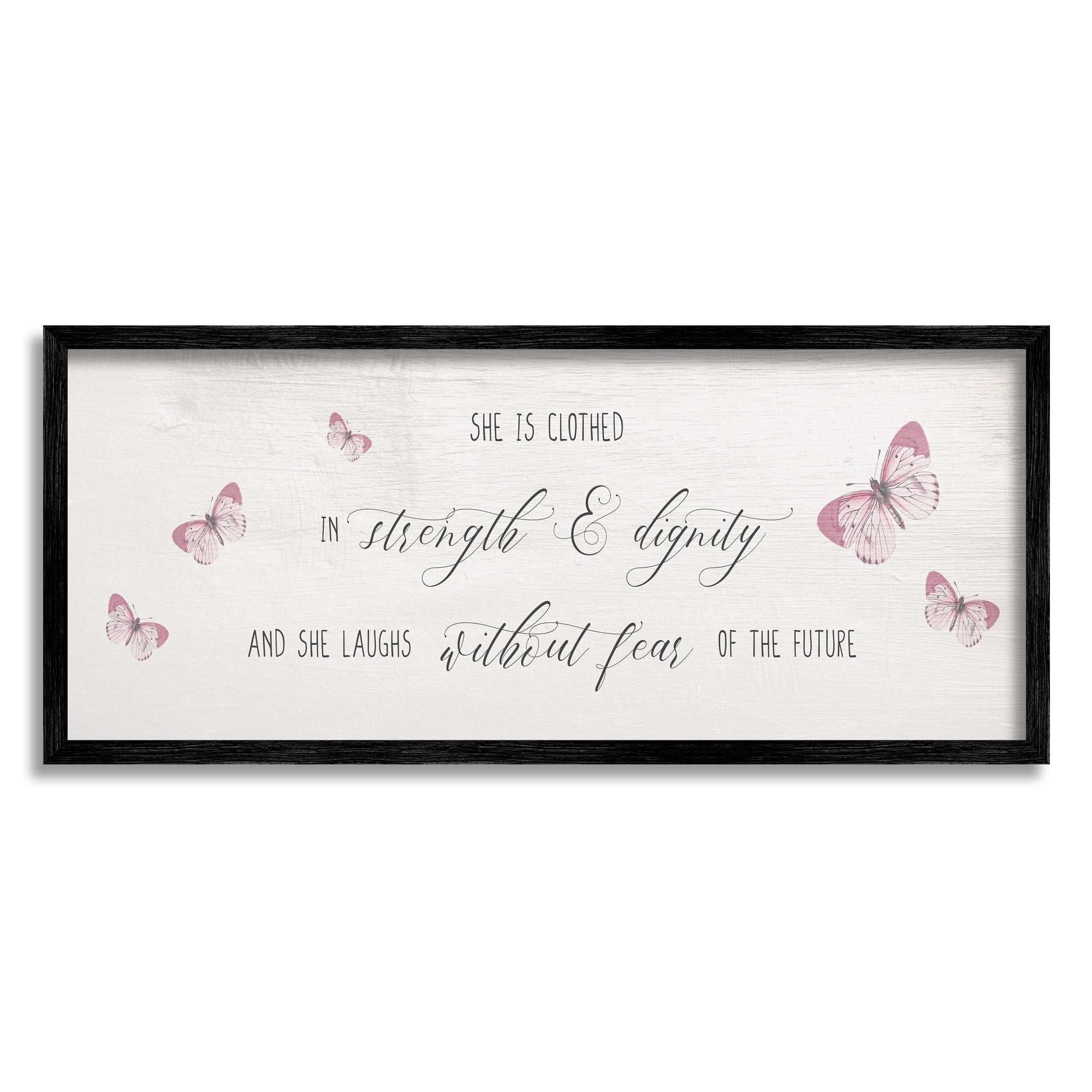 Stupell Industries Clothed in Strength and Dignity Phrase Pink Butterflies Inspirational Painting Gray Framed Art Print Wall Art, 10 x 24