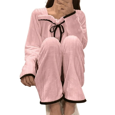 

huanledash 2 Pcs/Set Women Pajamas Set Shirring String Square Neck Contrast Color Long Sleeves Sleeping Loose Soft Bow-knot Nightie Set for Home