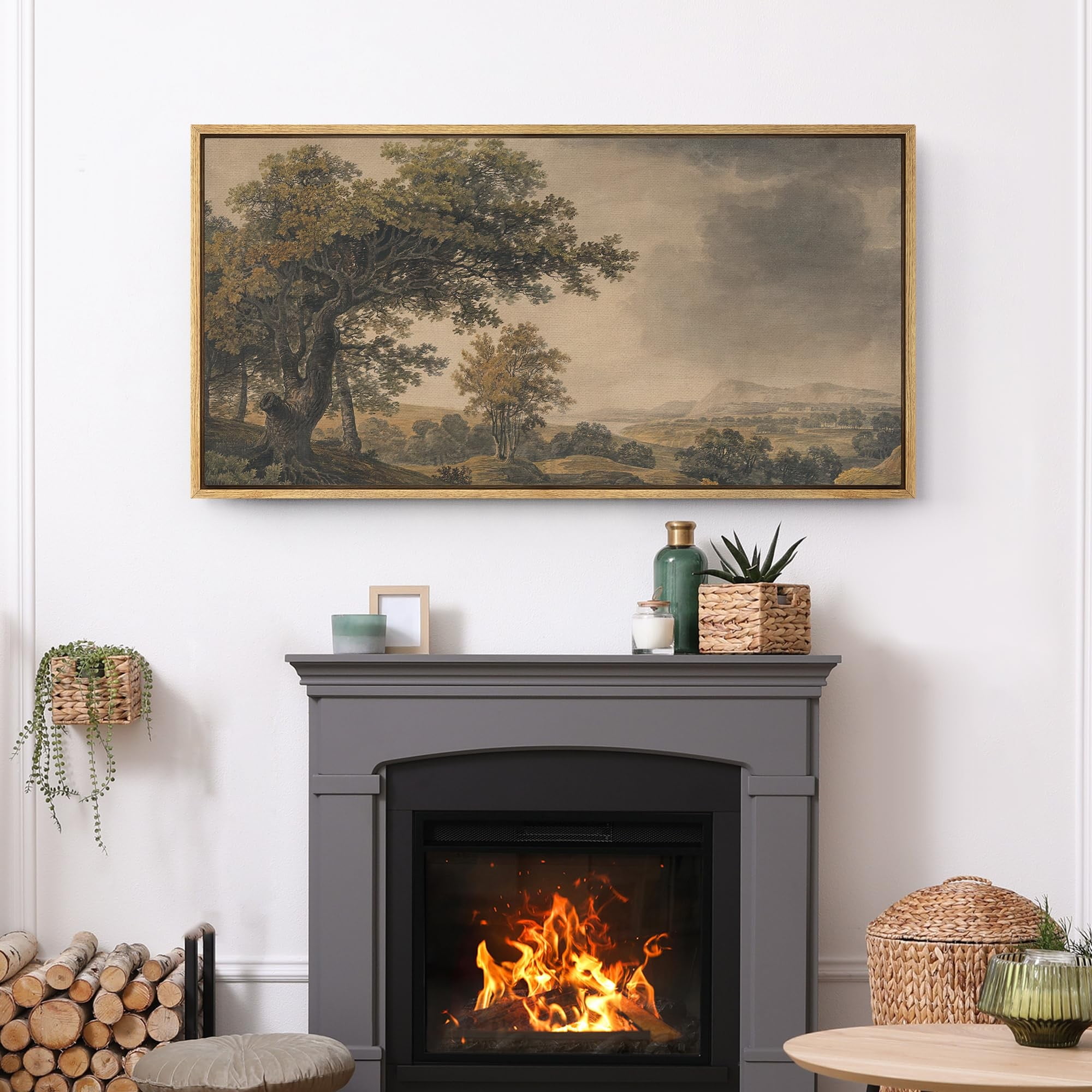 IDEA4WALL Extra Large Framed Canvas Print Wall Art Pastoral Countryside Landscape with Trees Vintage Art Nature Wilderness Retro Wall Decor Oversized Artwork Relax/Calm for Room Decor - 60"x30"