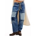 thumbnail image 2 of Women Low Rise Baggy Barrel Horseshoe Jeans Patchwork Denim Pants with Pockets, 2 of 6