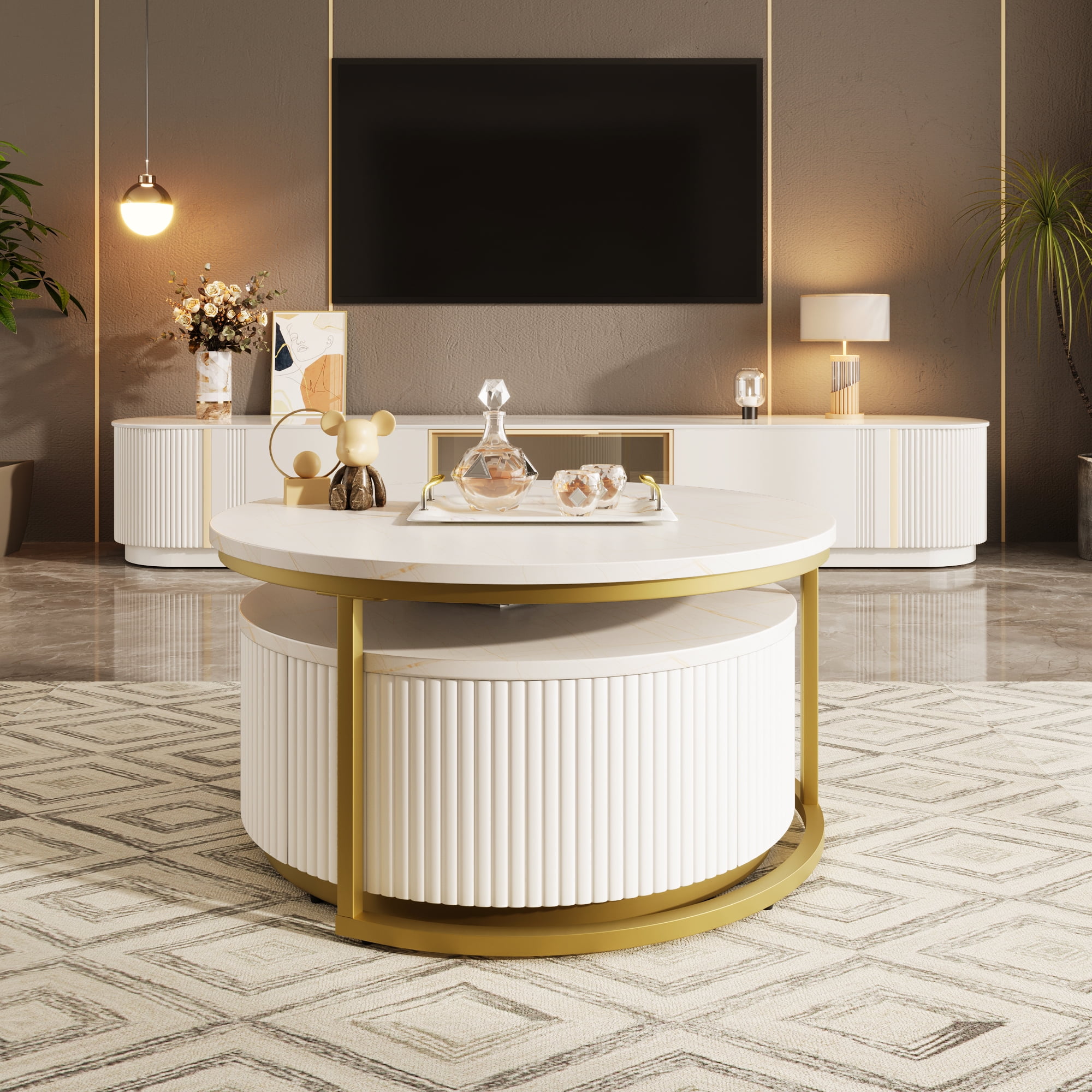Harper & Bright Designs Round Nesting Coffee Table Set of 2, Golden Metal Center Table with Storage Drawer for Living Room, White 31.5'