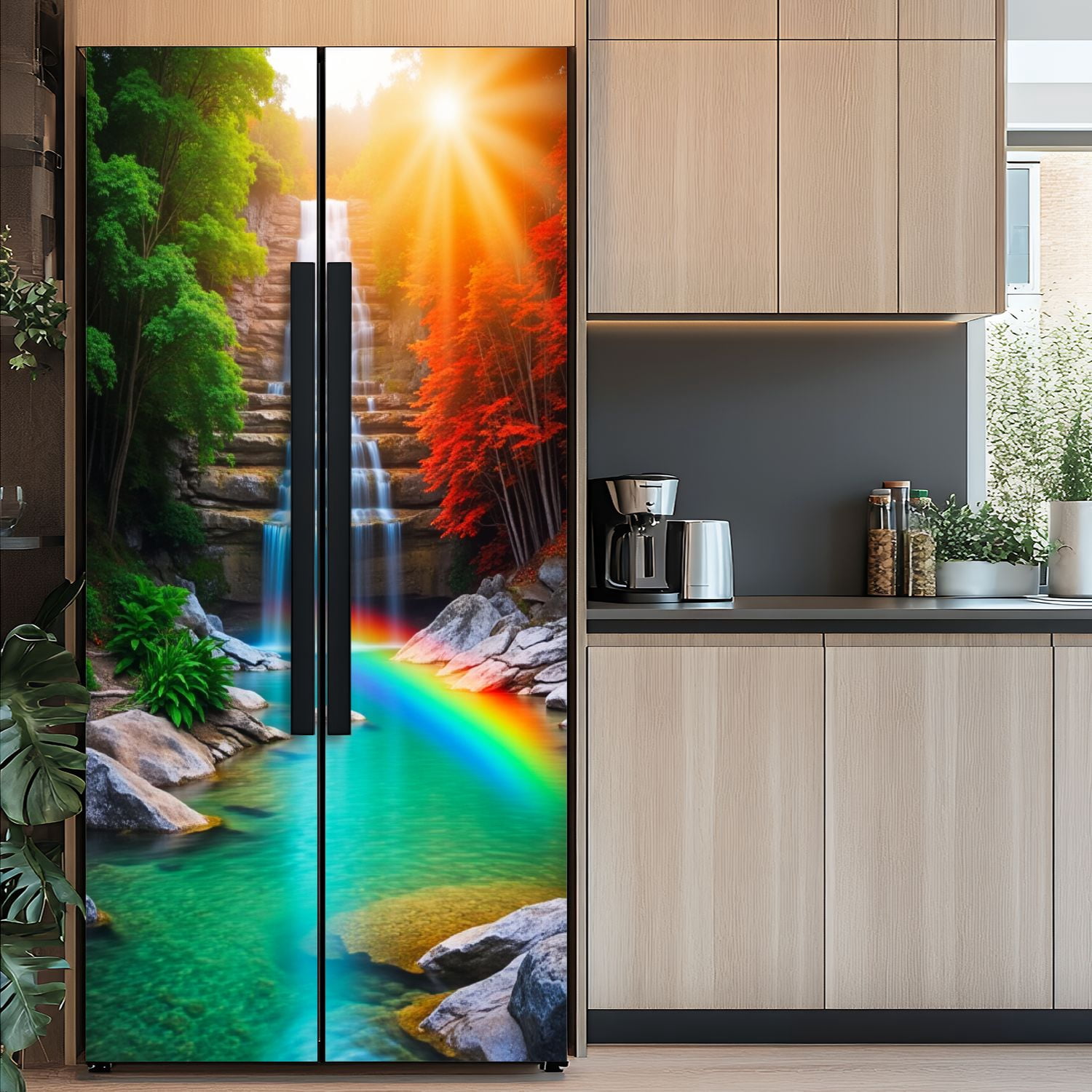 Self Adhesive Vinyl Refrigerator Wrap Set Waterfall Rainbow Landscape Nature Forest Greenery Autumn Door Mural Removable Fridge Sticker Peel and Stick&nbsp;Full Door Cover Decal Kitchen Bar Decor