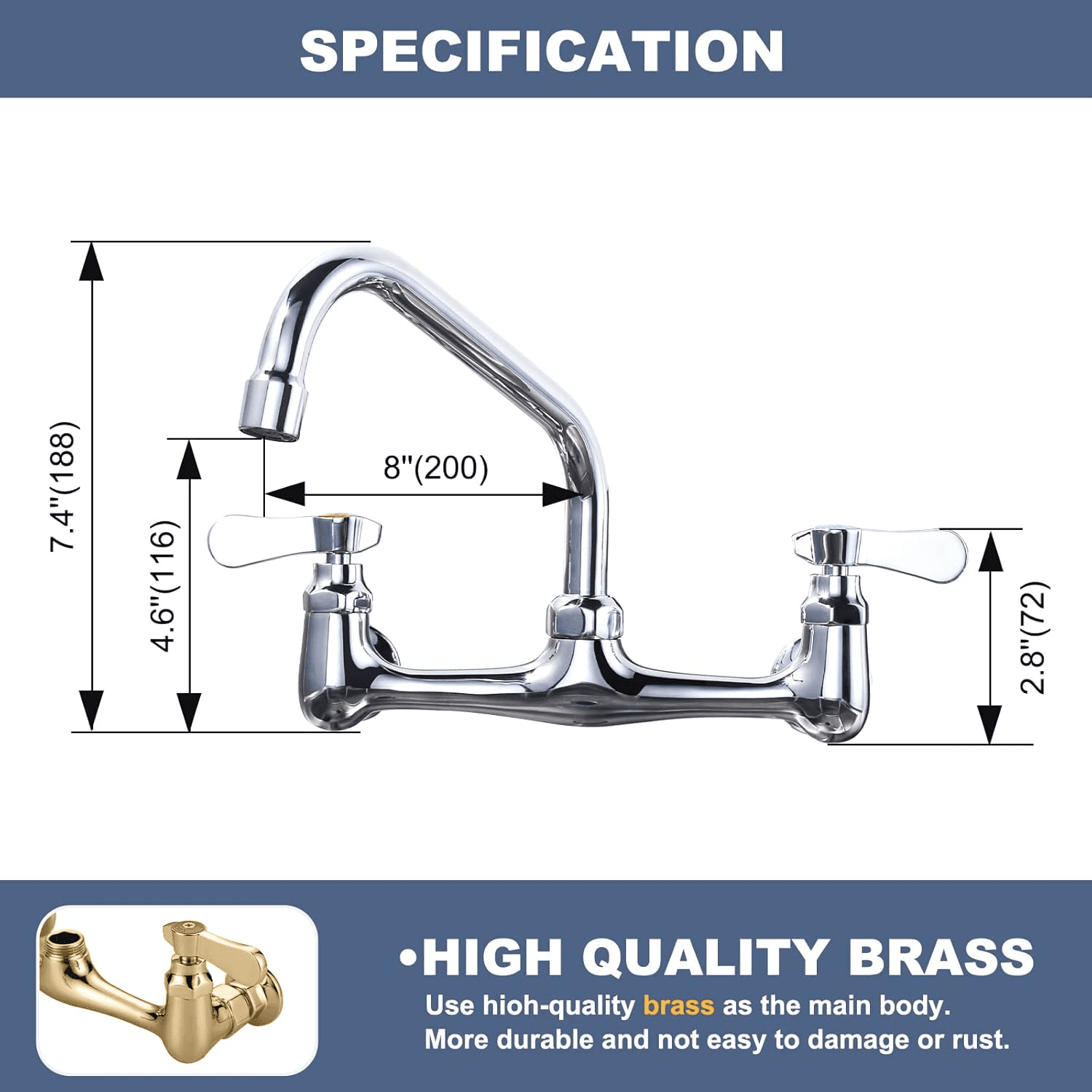 Chrome Commercial Sink Faucet with 8” Swivel Spout 8" Center Wall Mount Kitchen Faucet, Dual Handles Brass Utility Sink Faucet for Laundry Room Restaurant