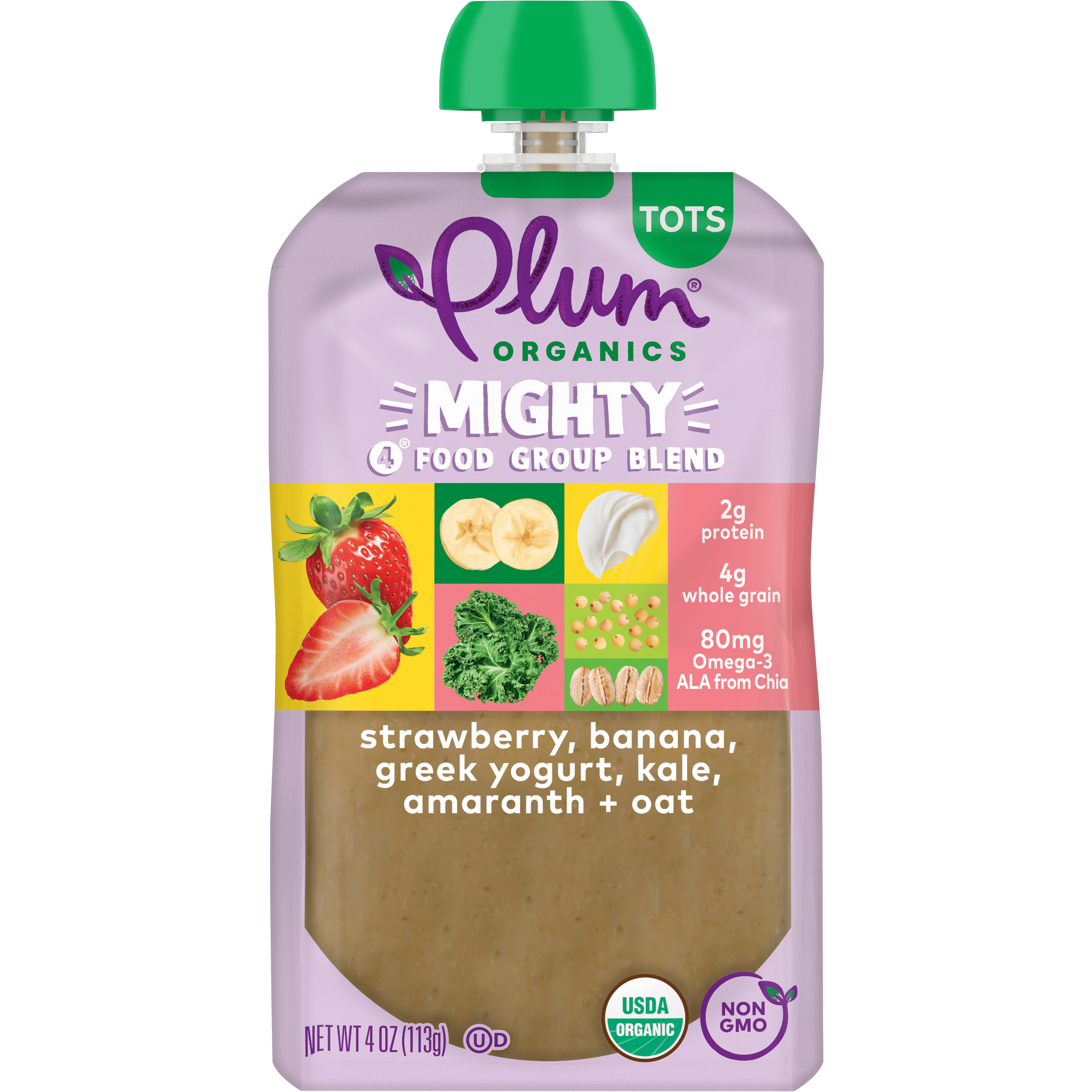 Plum Organics Mighty 4 Organic Toddler Food, Strawberry, Banana, Greek Yogurt, Kale, Amaranth, and Oat, 4 oz Pouch - Case of 12