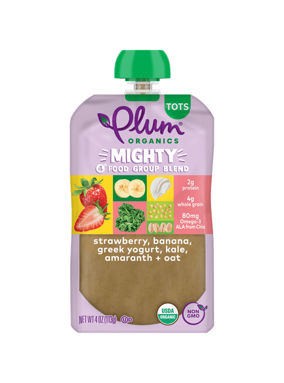Plum Organics Mighty 4 Organic Toddler Food, Strawberry, Banana, Greek Yogurt, Kale, Amaranth, and Oat, 4 oz Pouch