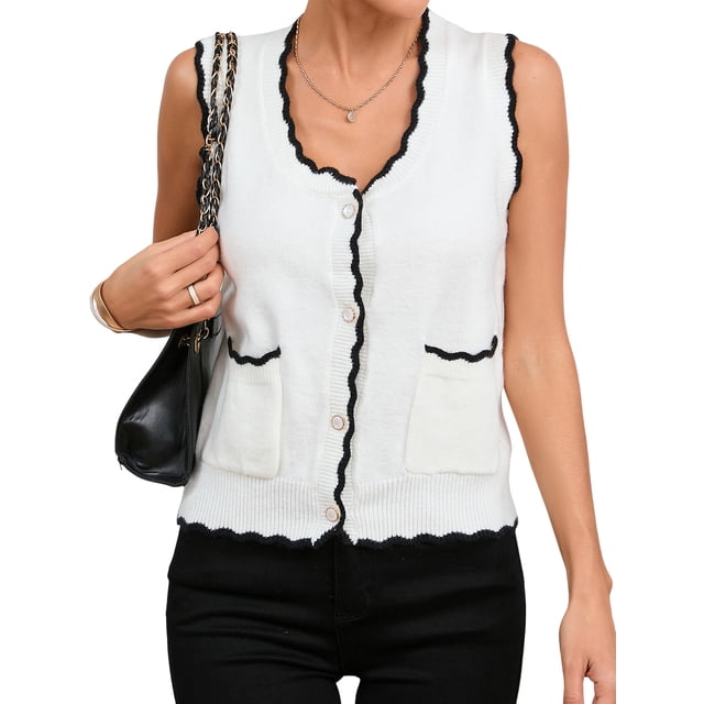 Charmo Womens Color Blocked Sweater Vest Button Down Sweater with Pockets