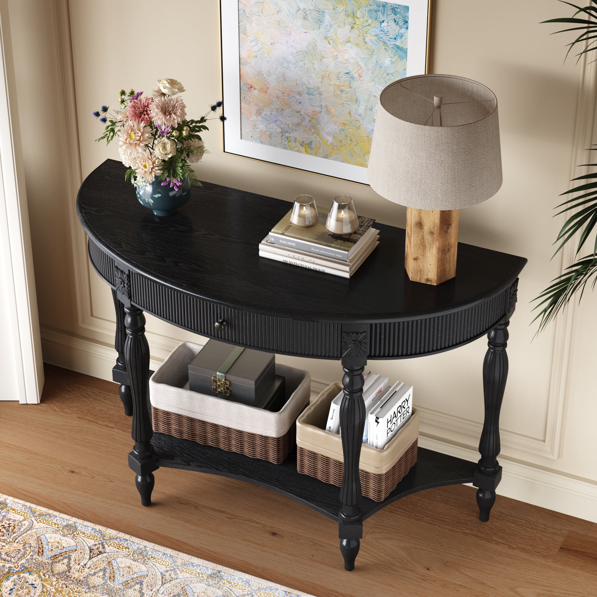 Solid Wood Half Moon Console Table with Drawer & Shelf, Fluted Vintage Curved Entryway Table for Hallway Living Room Foyer, Narrow Space-Saving Accent Furniture with Roman Column Carved Legs, Black