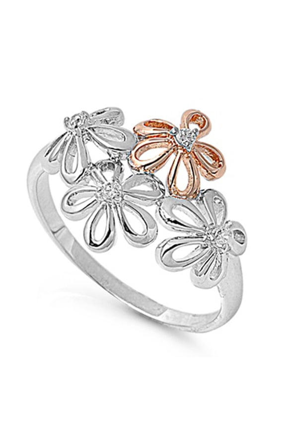 White CZ Two Tone Flower Plumeria Garden Ring Sterling Silver Band 925 Jewelry Female Size 9
