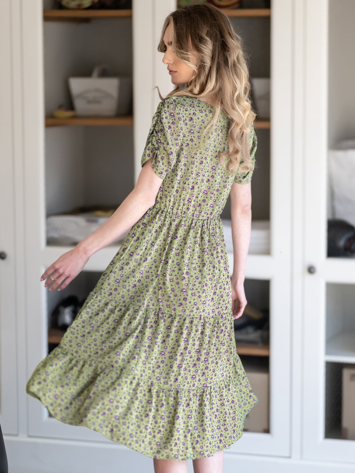 DARING DIVA Square Neck Puff Tiered Ruffled Hem Dress M Green Purple