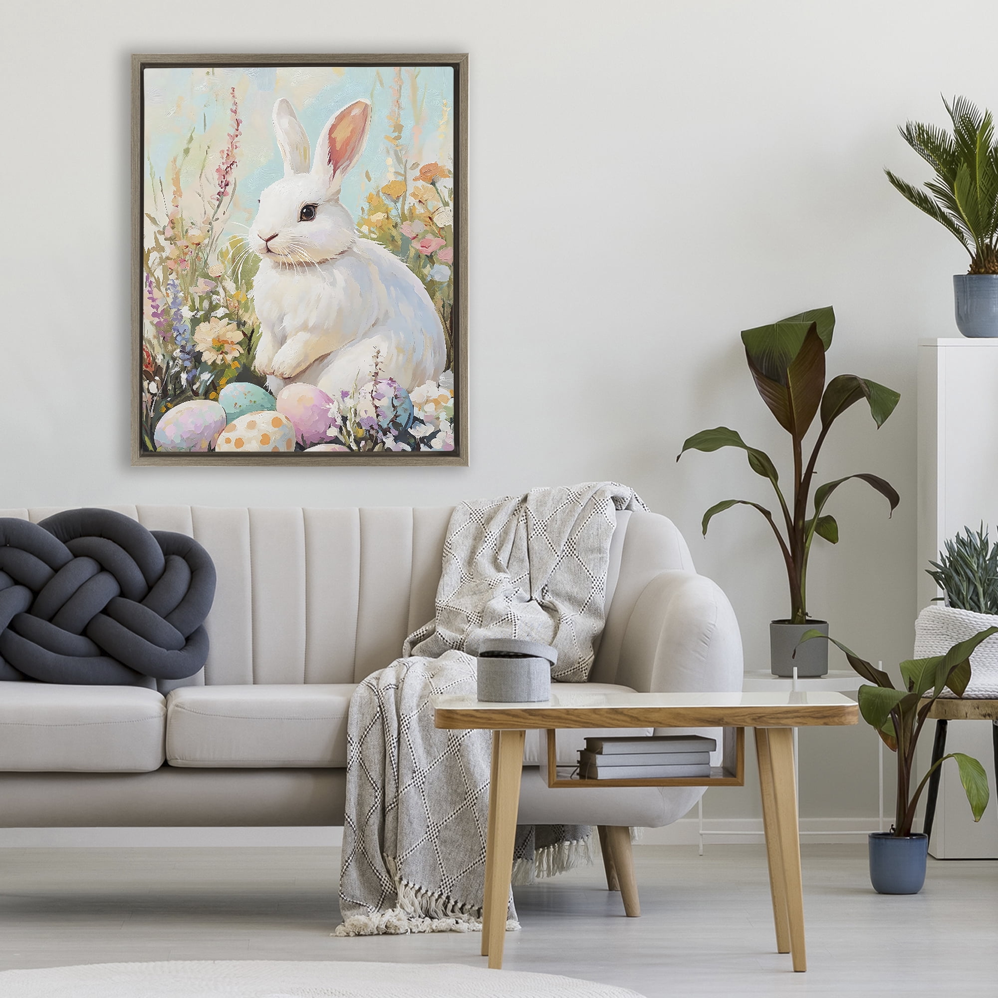 Stupell Industries White Easter Bunny in Wildflowers Brown Framed Floater Canvas Wall Art, design by The Prints Vibe