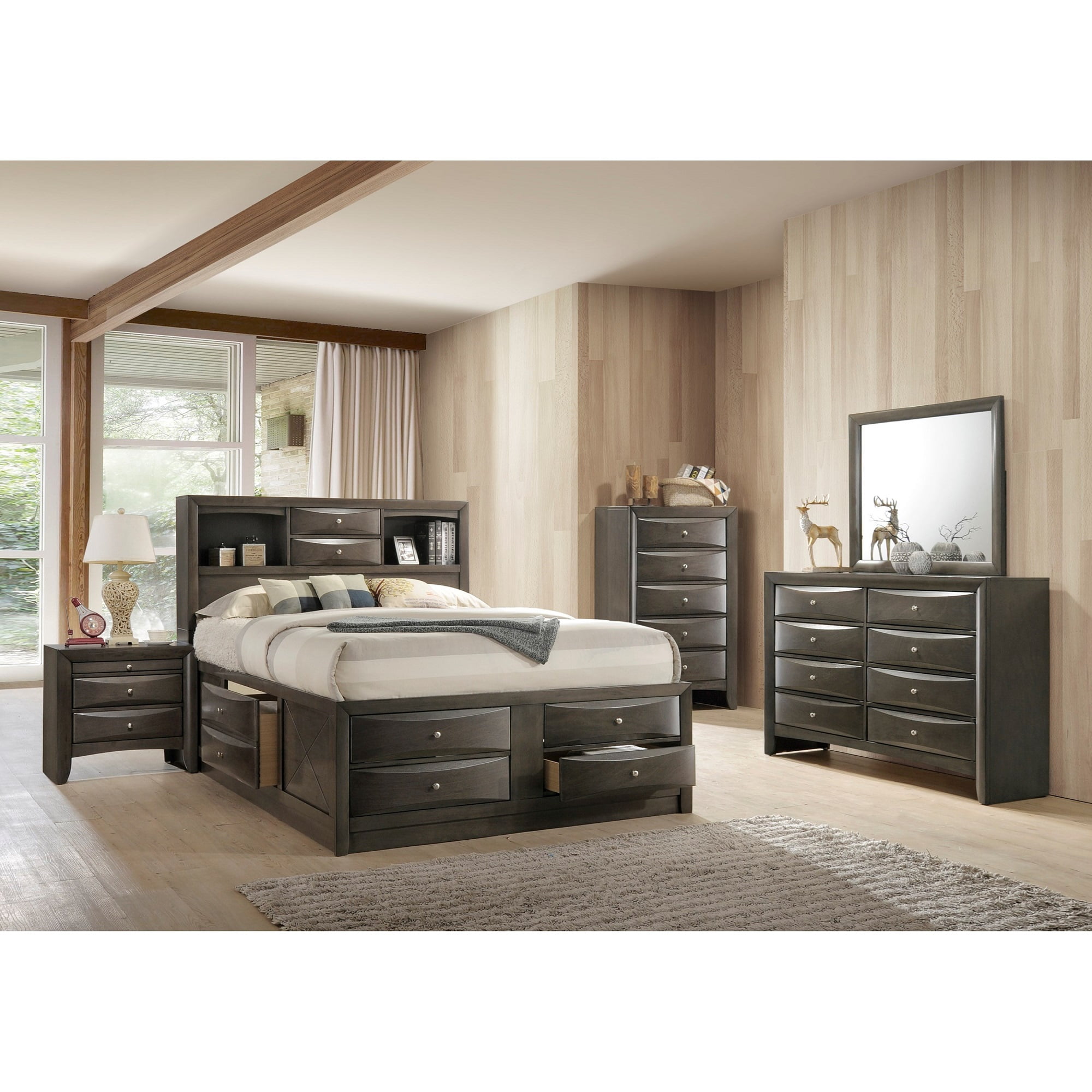 Contemporary King Size 6pc Master Bedroom Set Captains Bed Gray Finish Solid Wood Furniture