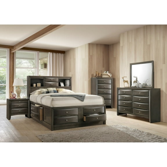 Contemporary King Size 6pc Master Bedroom Set Captains Bed Gray Finish Solid Wood Furniture