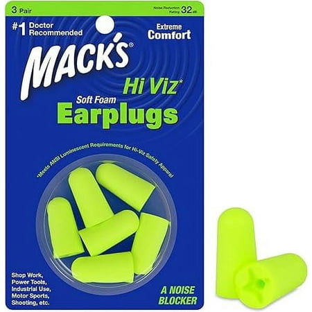 Mack’s Hi Viz Soft Foam Earplugs, 3 Pair – Most Visible Color, Easy Compliance Checks, 32dB High NRR – Comfortable, Safe Ear Plugs for Shop Work, Industrial Use, Motor Sports and Shooting