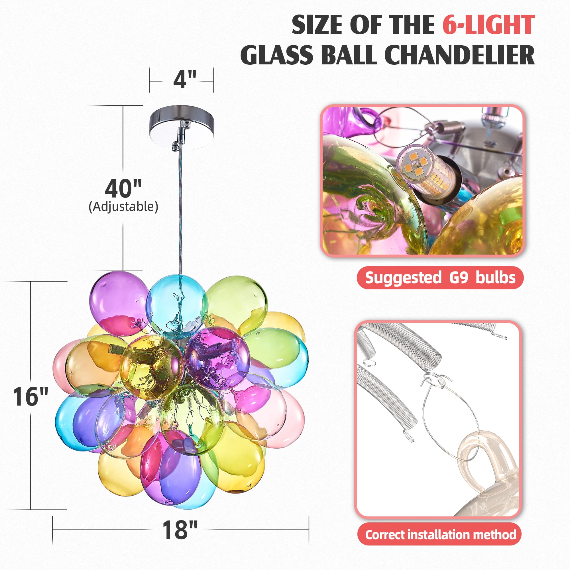 Longree Color Glass Bubble Ball Chandelier, Blown Glass Pendant Light Fixture - 18x16 inch