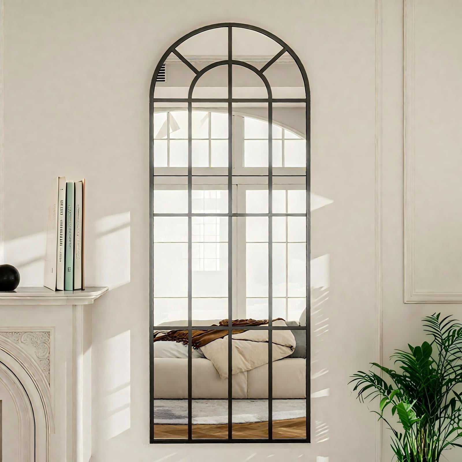 Mirrasia 25"x69" Arched Full Length Mirror with Windowpane Wall Mirror,Black