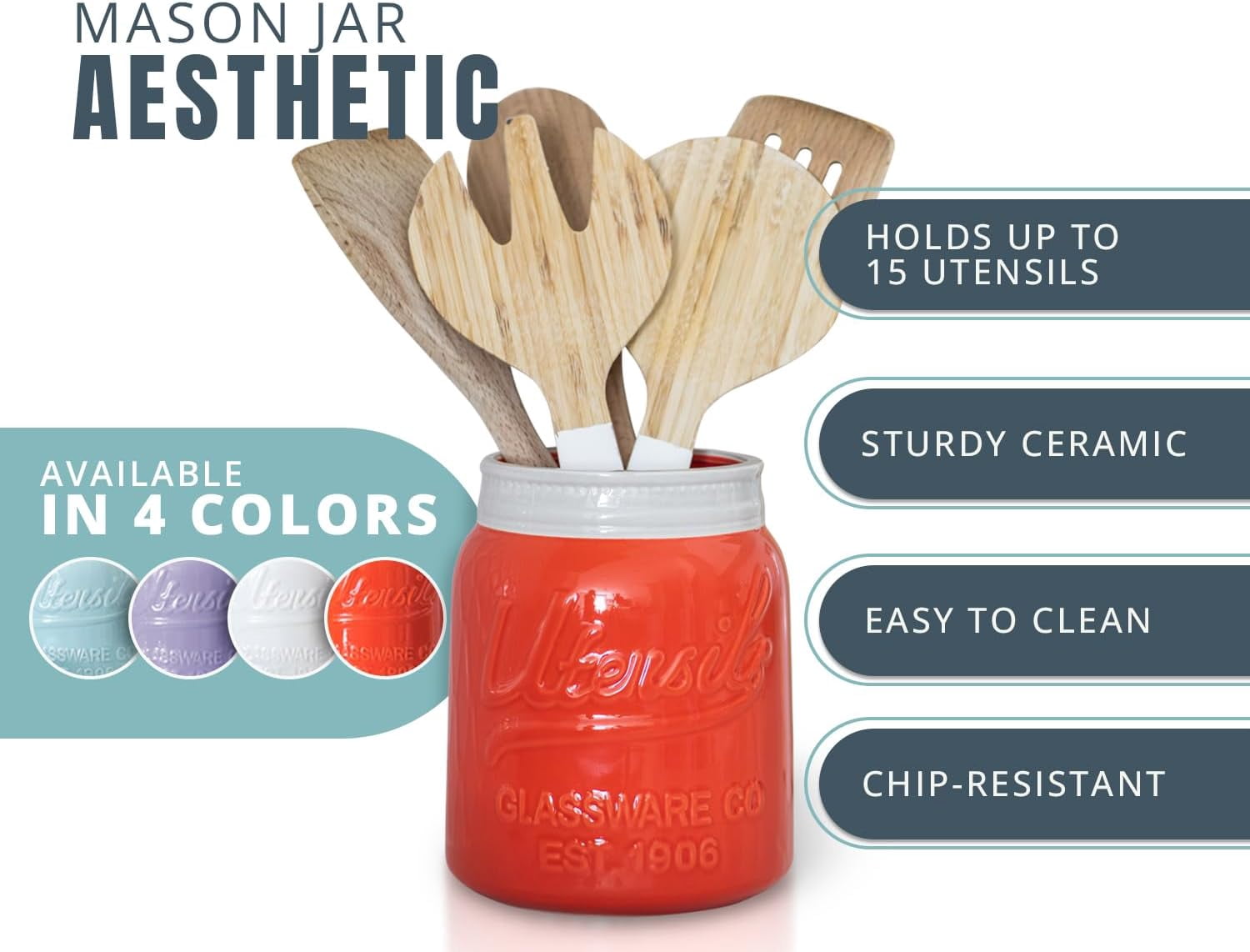 Comfify Ceramic Mason Jar Utensil Holder Countertop Crock, Coral