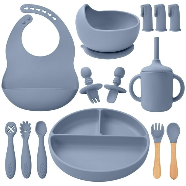 Set de alimentación para bebés Little Rawr de silicona, 14 unidades, más de 6 meses, azul y gris