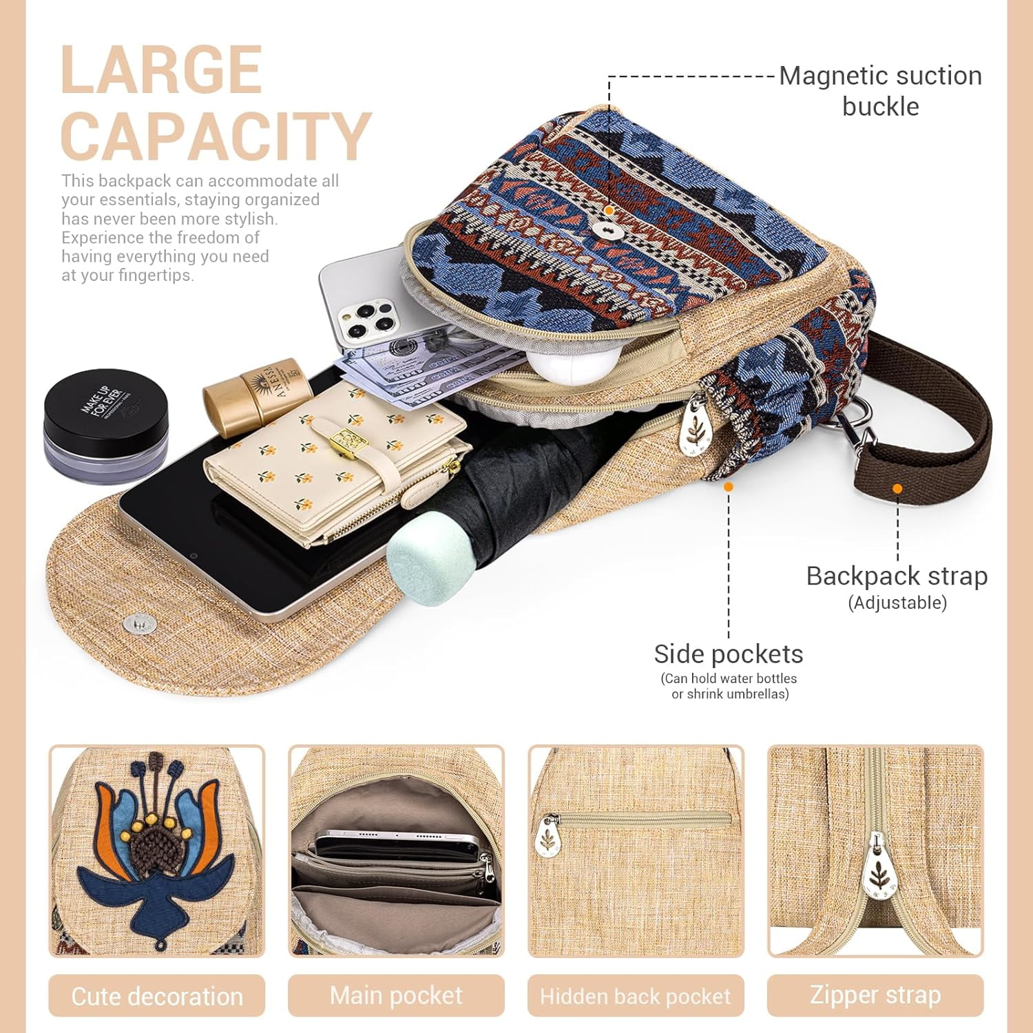 Backpack for Women, Boho Crossbody Sling Bags for Women with Cute Hand-woven Pattern Mini and Small Backpack (Flower)