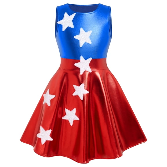 IDOPIP Girl Shiny Metallic Dress Toddler Holographic Skater Dress Metallic Music Festivals Birthday 80s Sparkly Outfits Kids Alien Halloween 90s Prom Swing Skater Dress 7-8 Years Blue Red