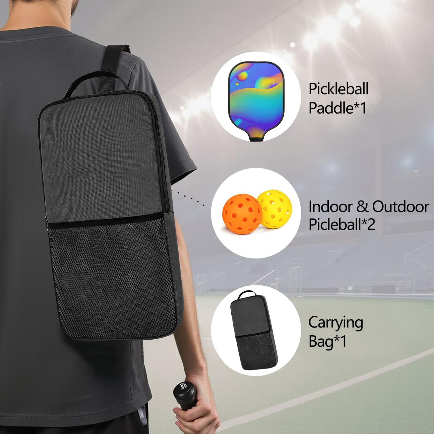 Pickleball Paddles Set Of 1, Fiberglass Surface, Neon Fluid Print, 1 Paddle, 2 Balls & Bag