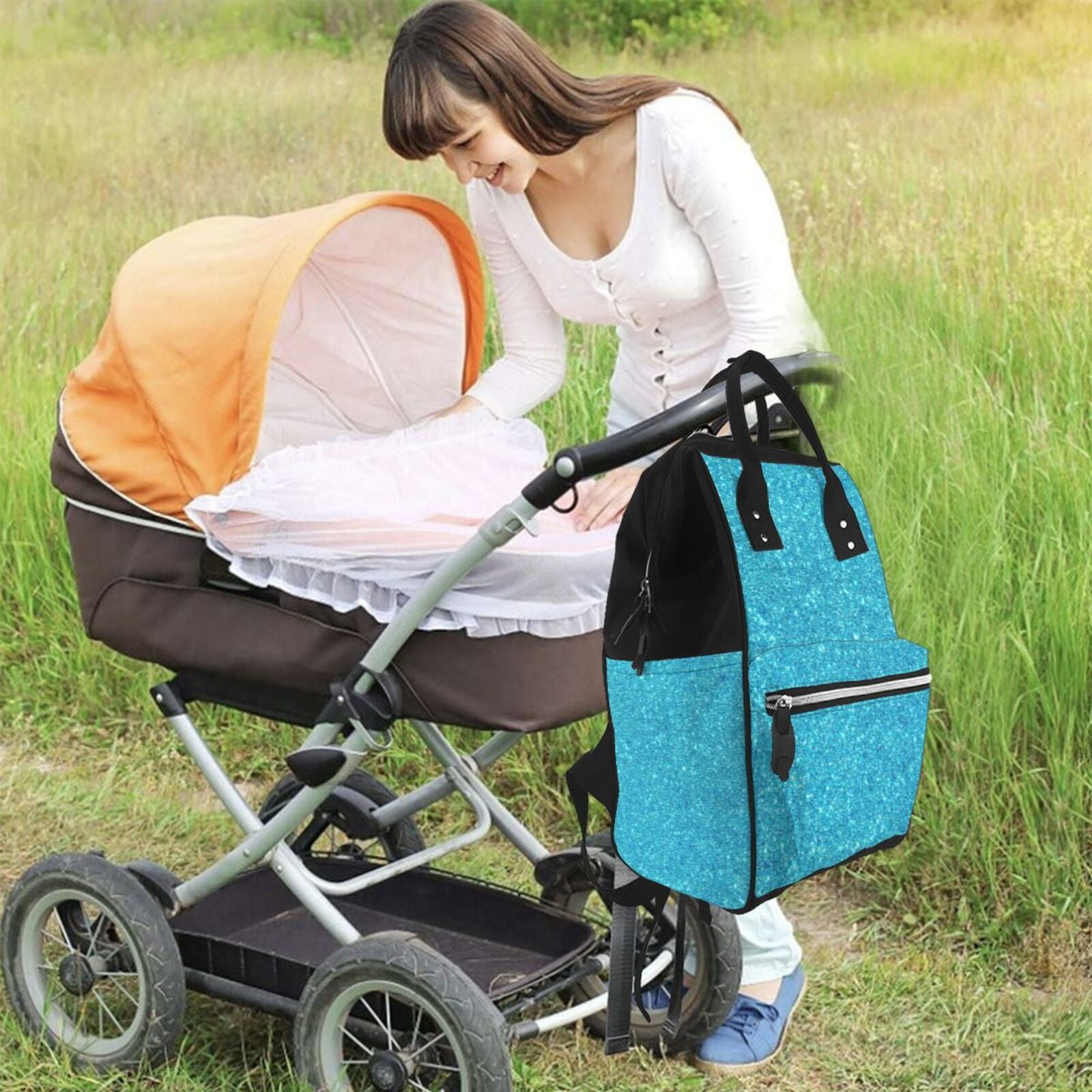 Ratiio Blue Glitter Mummy Backpack - Waterproof Twill Canvas, Large Capacity Diaper Bag with Multiple Pockets and Adjustable Straps