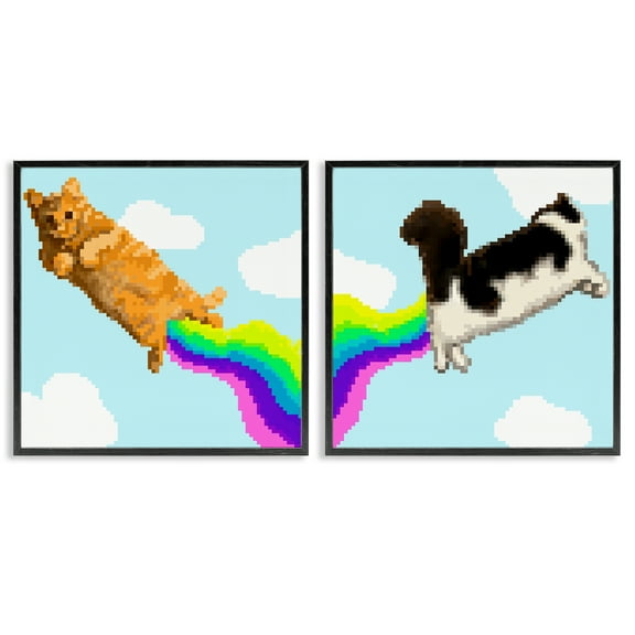 Stupell Industries Pixel Cats with Rainbows Animals Painting Black Framed Art Print Wall Art, 12 x 12, Set of 2