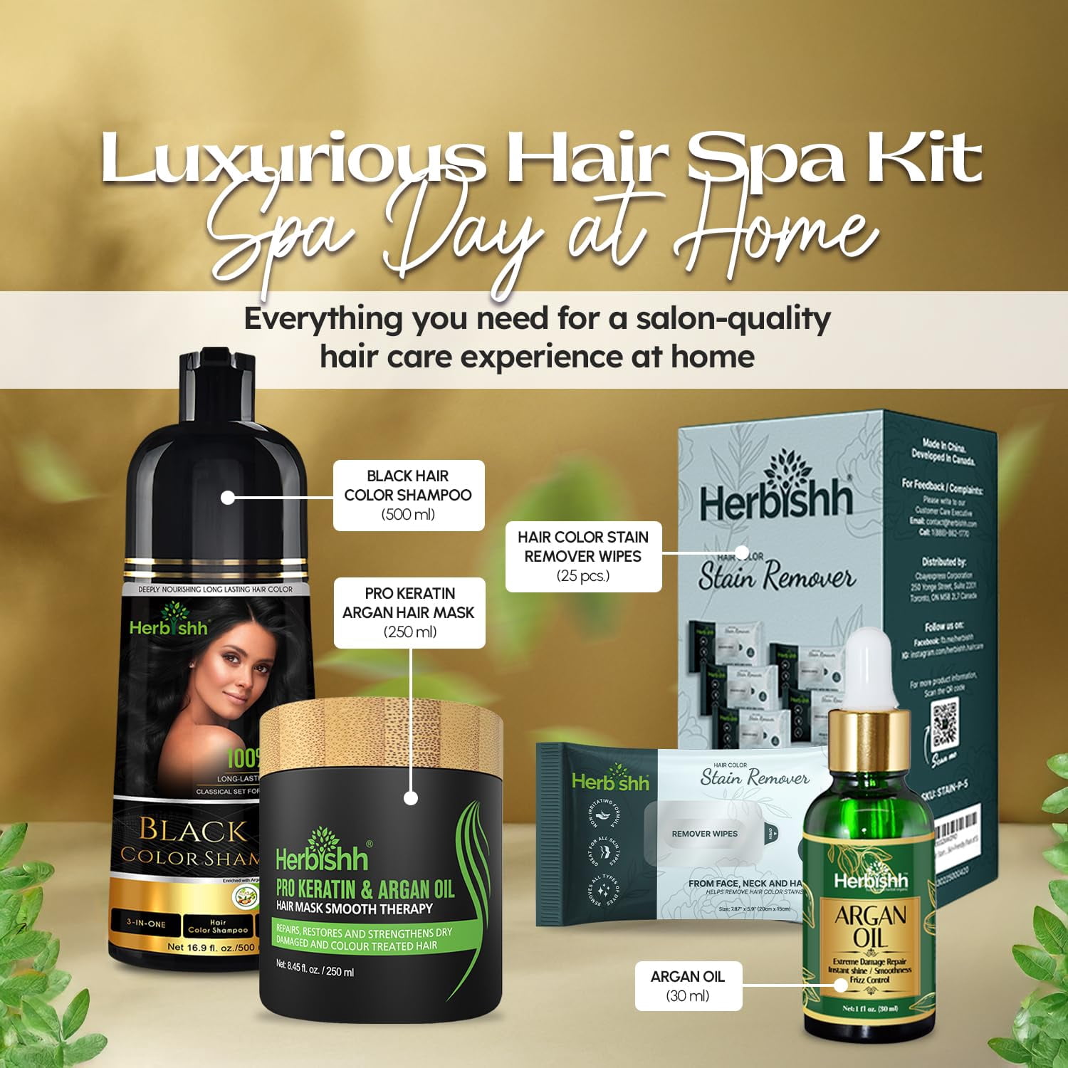 Herbishh 4-in-1 Hair Care Gift Set – Black Hair Dye Shampoo, Argan Oil Hair Mask, Hair Oil & Stain Remover Wipes – For Men & Women – Ideal Gift for Parents, Birthdays & Holidays