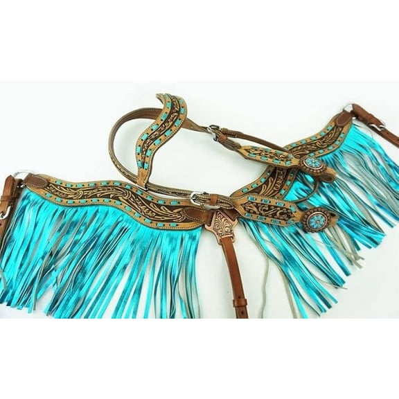 Western Headstall Breast Collar Reins & Wither Straps Tack Set Cowhide Leather Handmade Beaded Tooled Carved Horse Saddle Riding Tooling Carving Equestrian Size Full