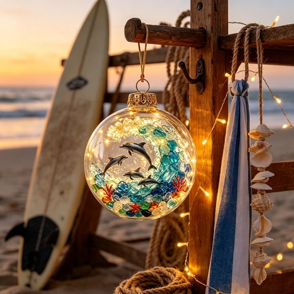 PLPPYFS Christmas Sea Themed Lighted Hanging Ornament Ball, Underwater Sea Animal Printed LED Glowing Bauble Design Holiday Hanging Decoration for Xmas Tree Window Home Party Gift